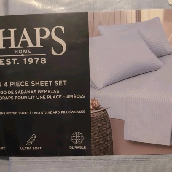 CHAPS by Ralph Lauren Twin Sheet Set w/2 Pillowcases Light Blue+ Texture Stripes - Picture 2 of 4